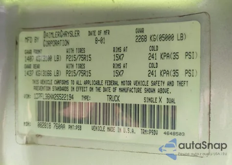 2002 Dodge Dakota Sport из США, поврежденный, VIN 1B7FL36NX2S522194